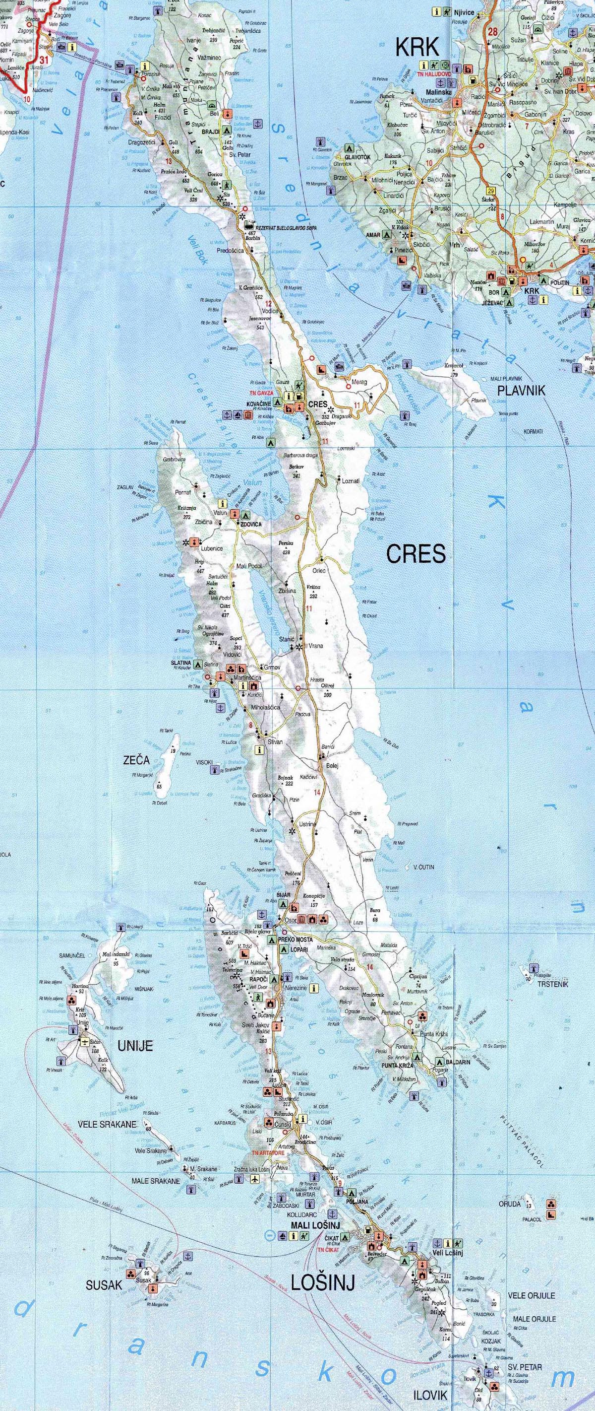 Карта хорватского острова Црес (Cres)